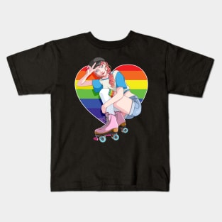 Roller Girl Skater Skates Skating Rainbow Heart Kids T-Shirt